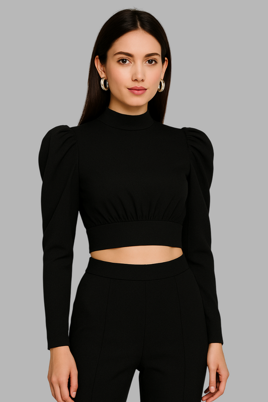 Blaqck puff seelve Crop Polo Neck