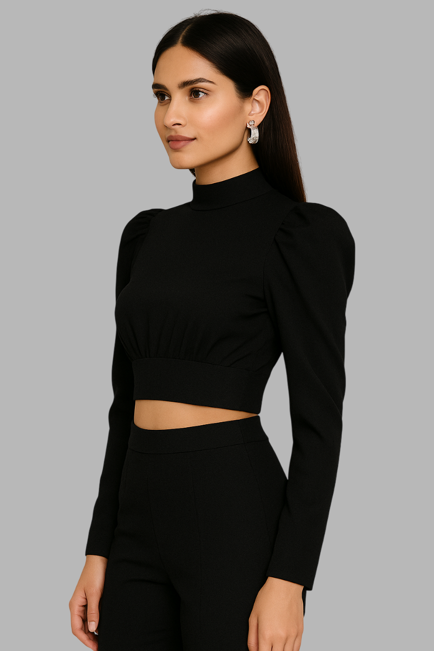 Blaqck puff seelve Crop Polo Neck