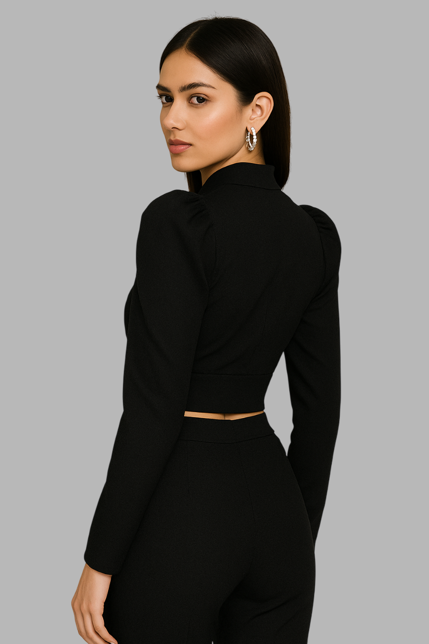 Blaqck puff seelve Crop Polo Neck