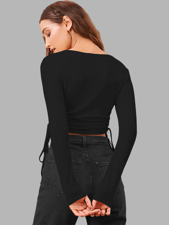 Blaqck Ruched Side-Tie Long Sleeve Crop Top