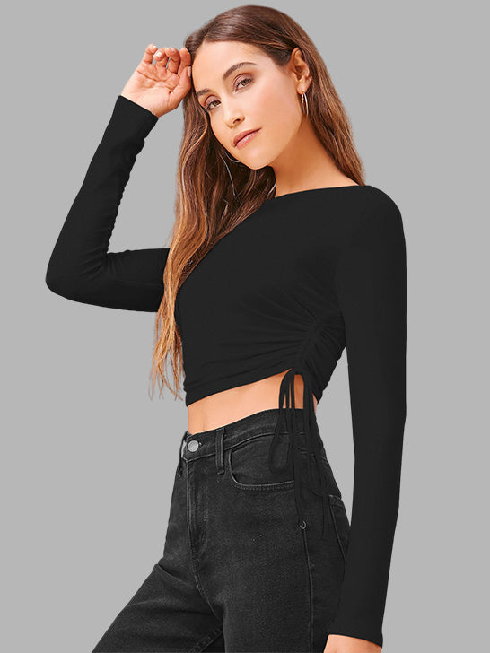 Blaqck Ruched Side-Tie Long Sleeve Crop Top